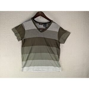 Route 66 Baby Tee T Shirt L Beige Green White Retro Stripe V Neck Vintage Y2K